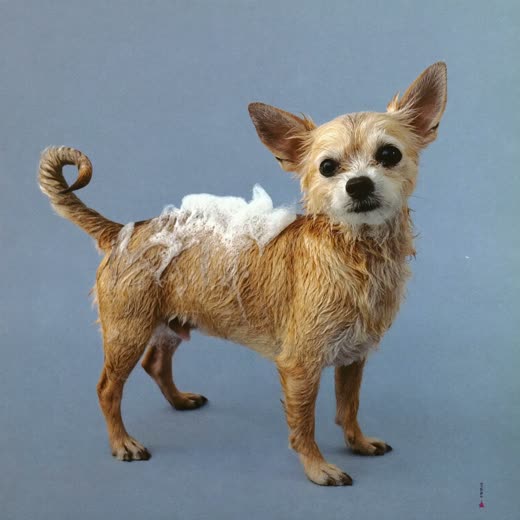 A small dog being bathed